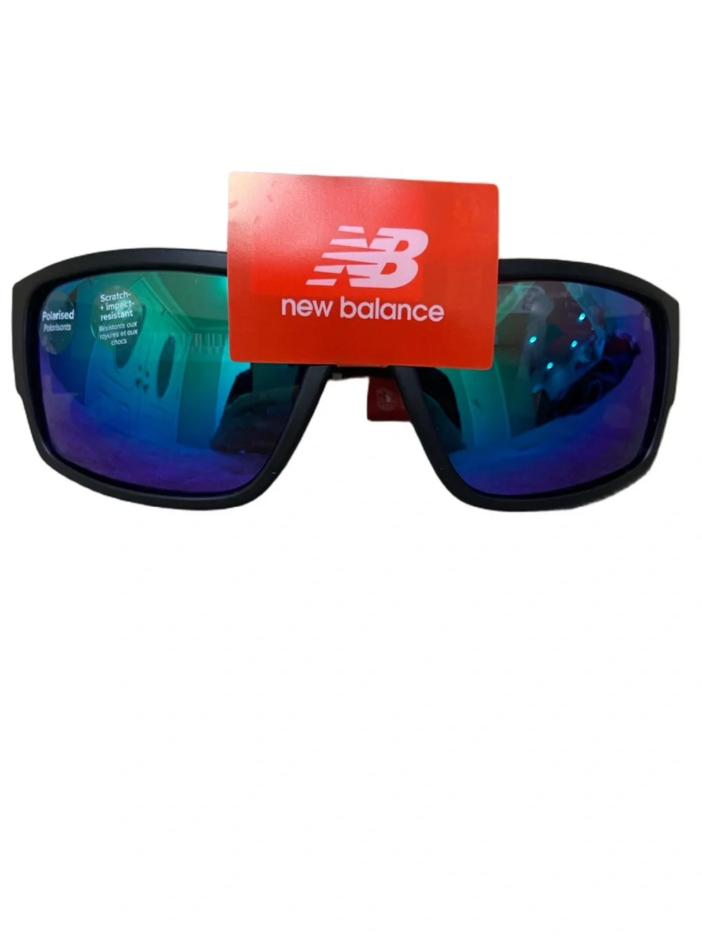 New Balance Black Sunglasses with Blue-Green Mirrored Lenses men New